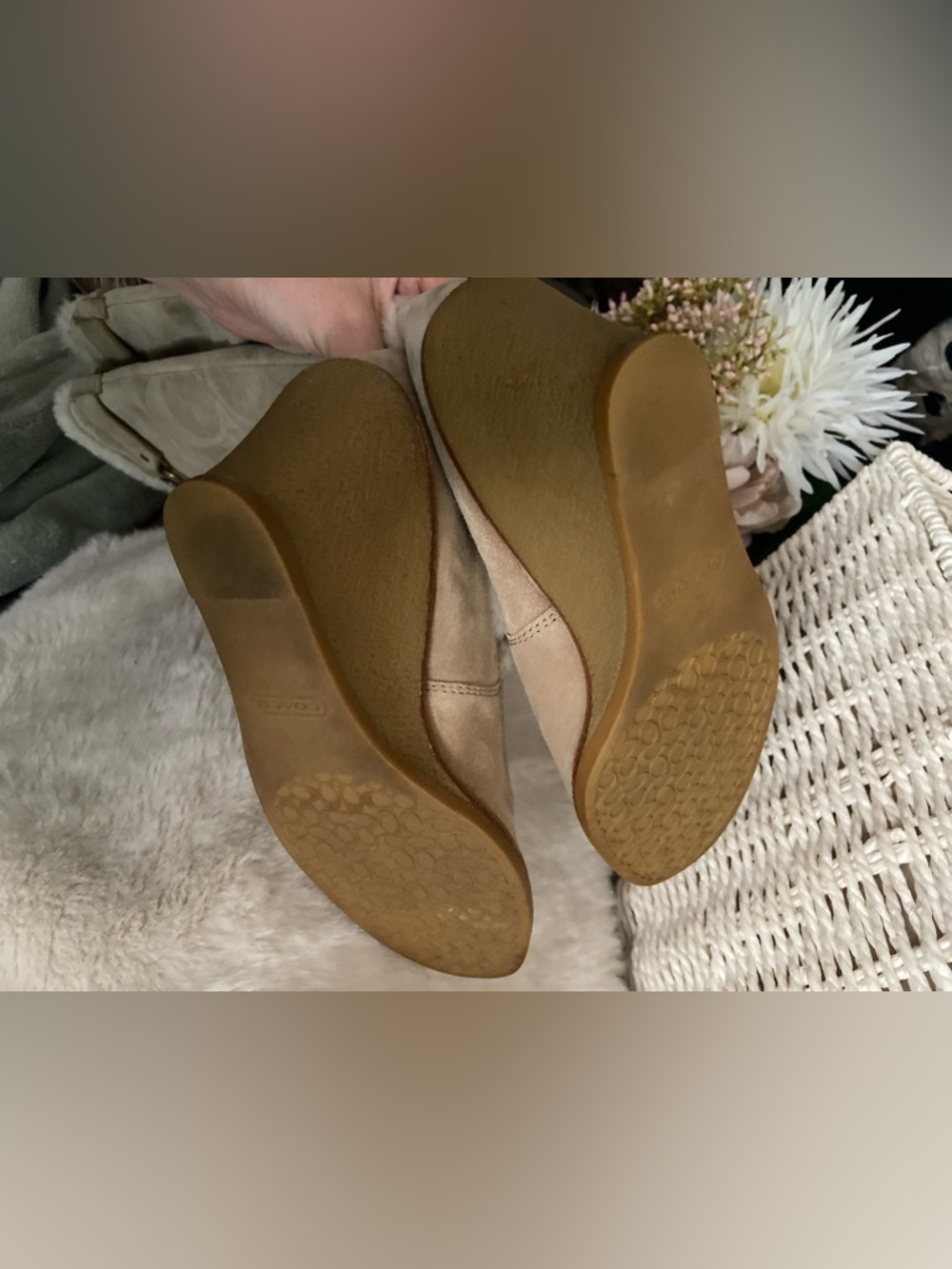 Coach Beige Signature Shearling Wedge Boots with Gold Hardware - Picture 8 of 16